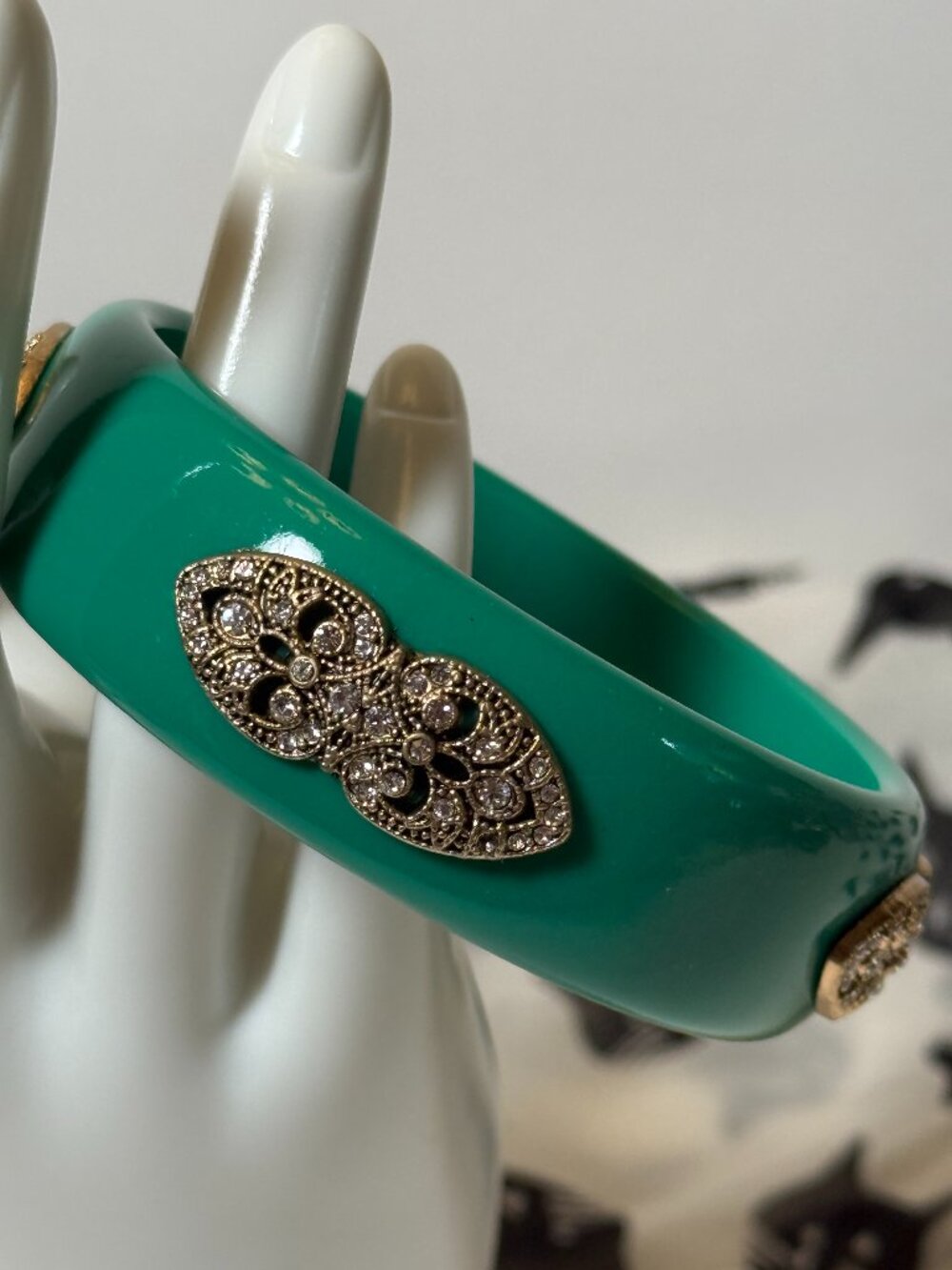 Green Teal Jeweled Cuff Bangle Bracelet Faux Diamond Jeweled Vintage Look